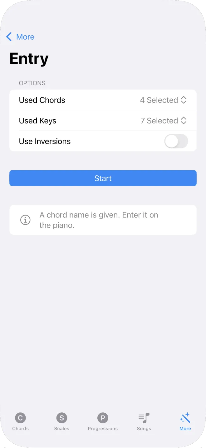 The chord entry exercise with a keyboard to play the named chord