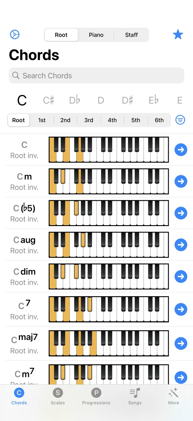 Der Hauptbildschirm für Akkorde und die Tableiste in Piano Chords and Scales
