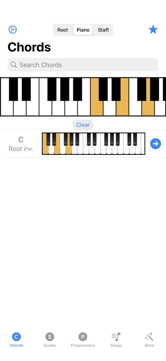 The chord list in Piano mode, with a keyboard for selecting notes