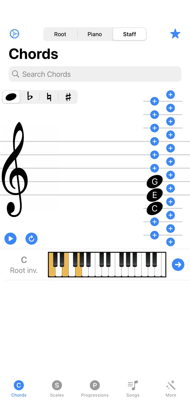 The chord list in Staff mode, with a staff for placing notes