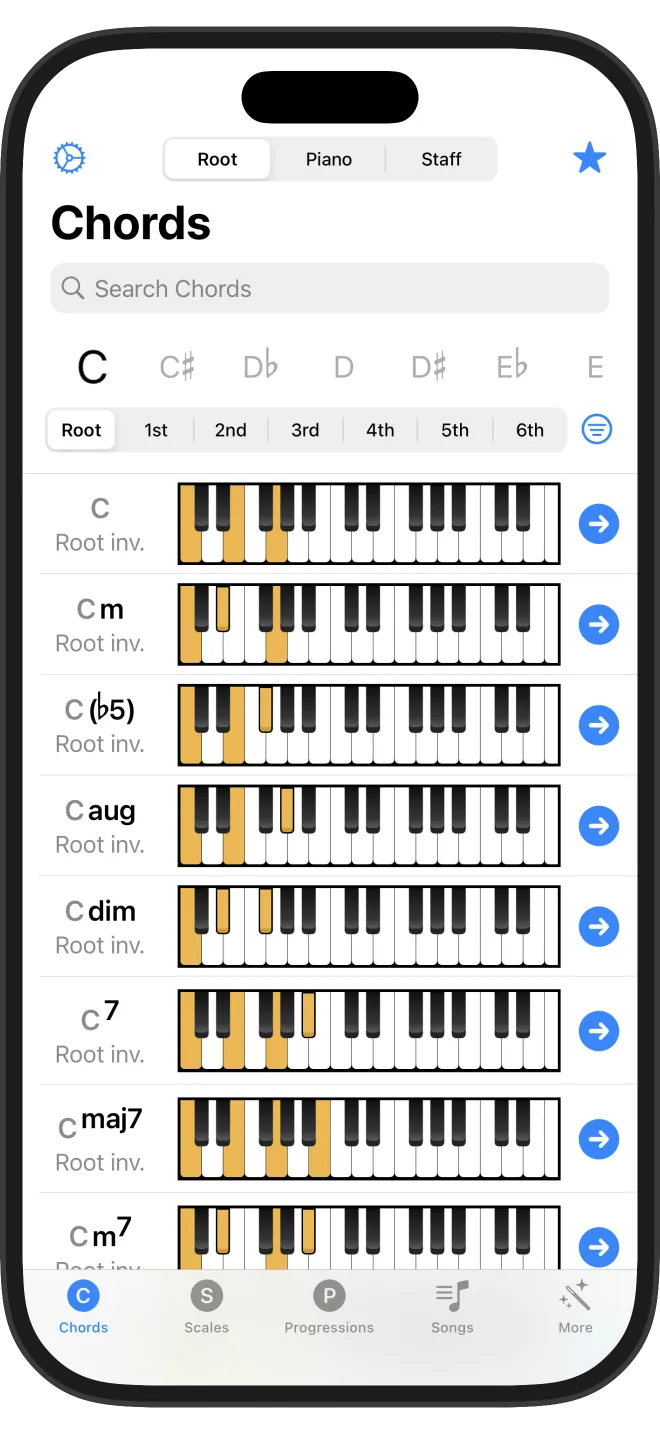 Piano Chords and Scales auf dem iPhone, zeigt Akkorde nach Grundton und Umkehrung