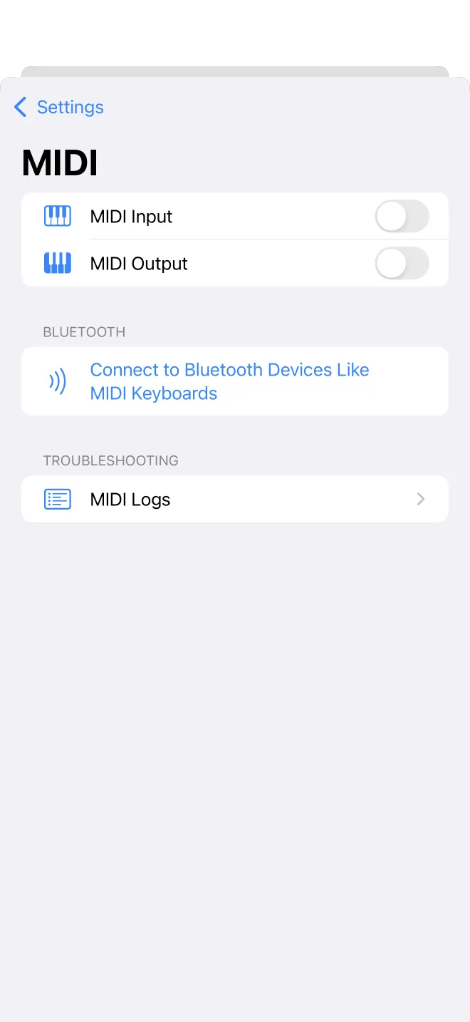 The MIDI settings screen showing the connection status