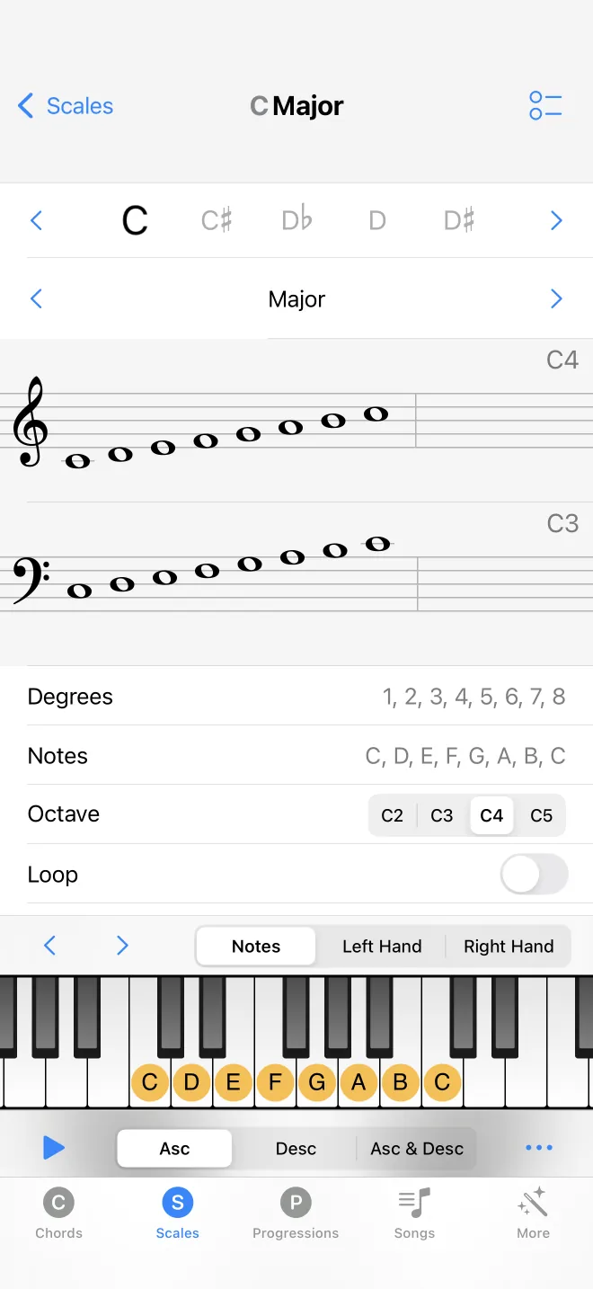 Der Tonleiter-Detailbildschirm mit Noten, Notensystem und einer Klaviatur, die Fingersätze zeigt