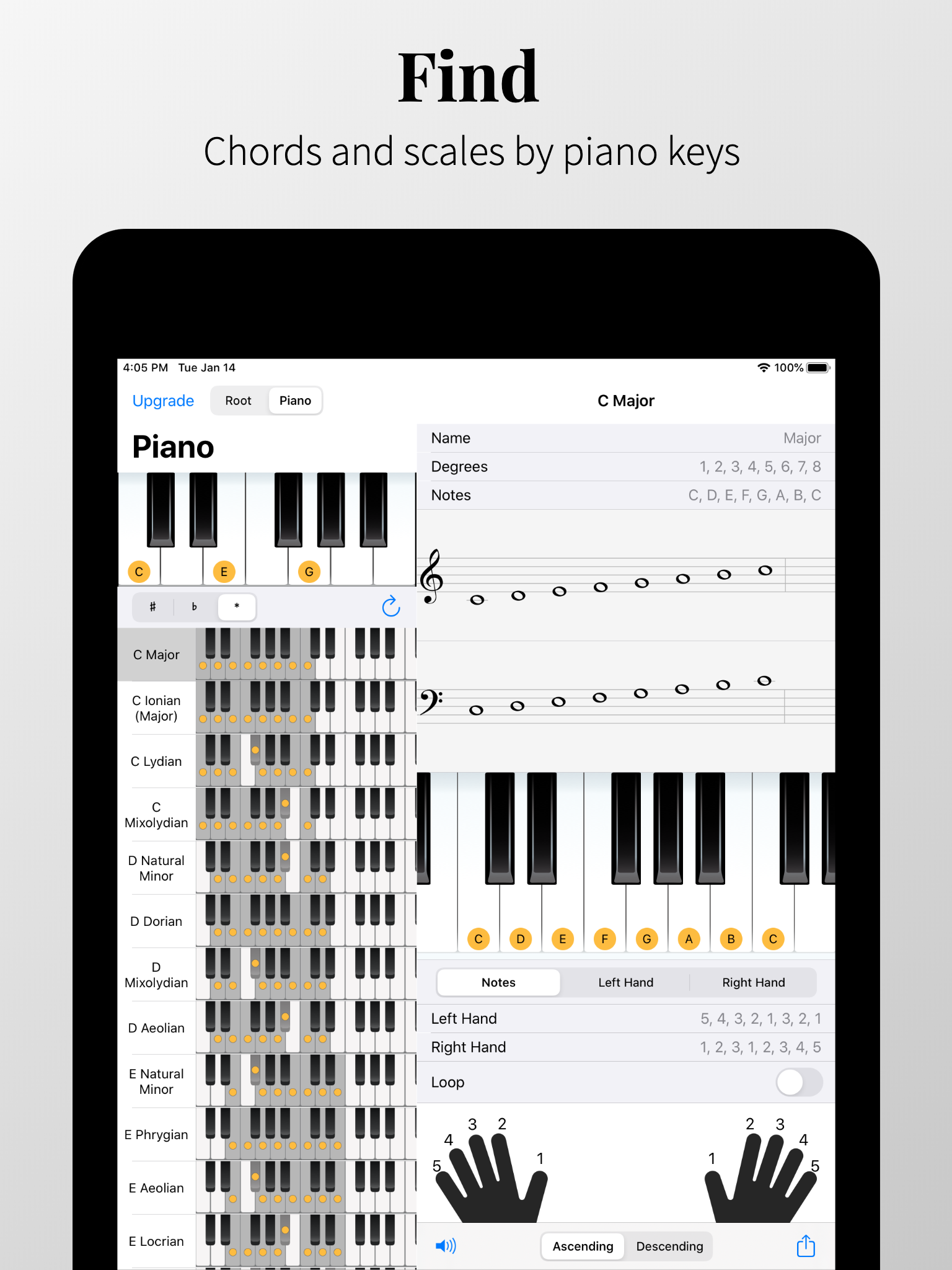 Piano Chords and Scales auf dem iPad: Akkorddetails